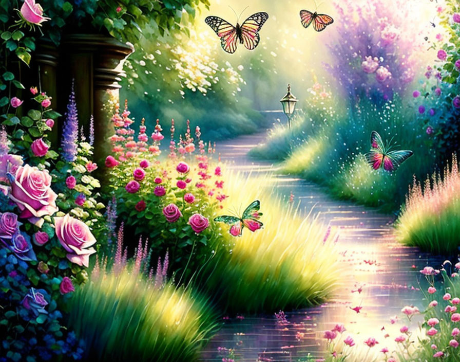 Lush garden path with colorful flowers and butterflies