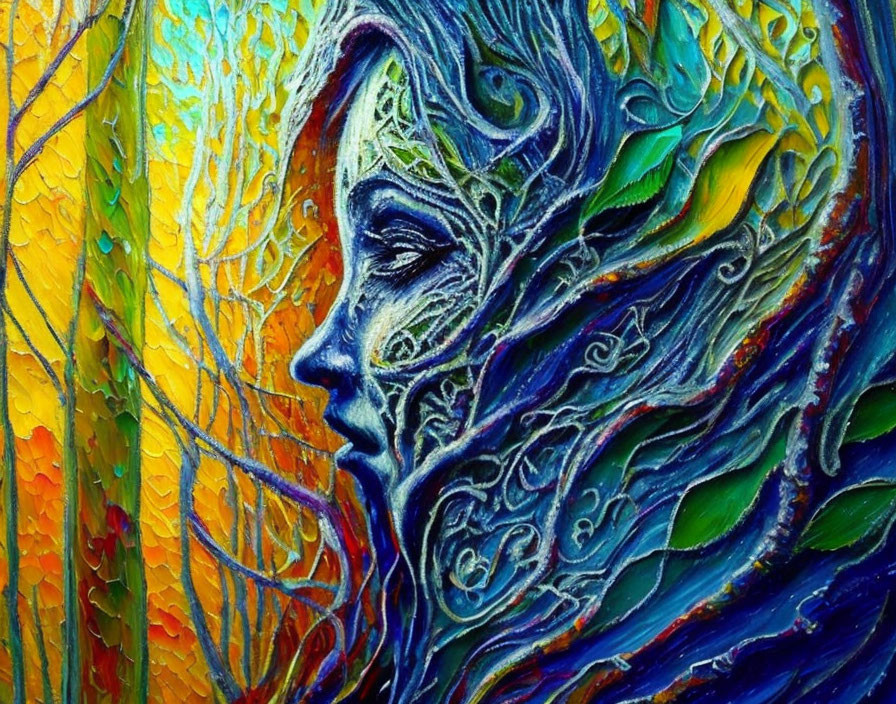 Woman's profile merges with swirling tree and leaf patterns in vibrant painting