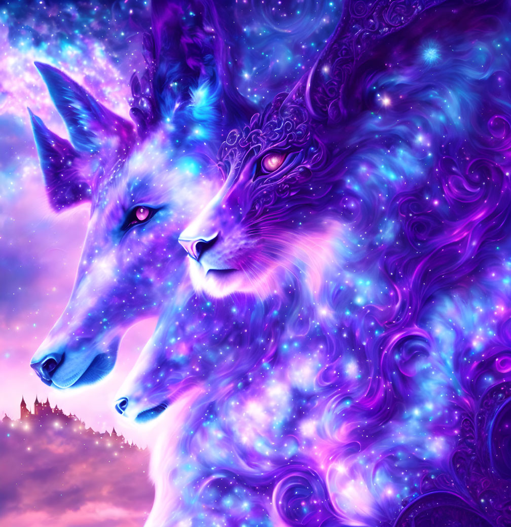 Colorful digital artwork: Cosmic wolves with stars and nebulas in fur