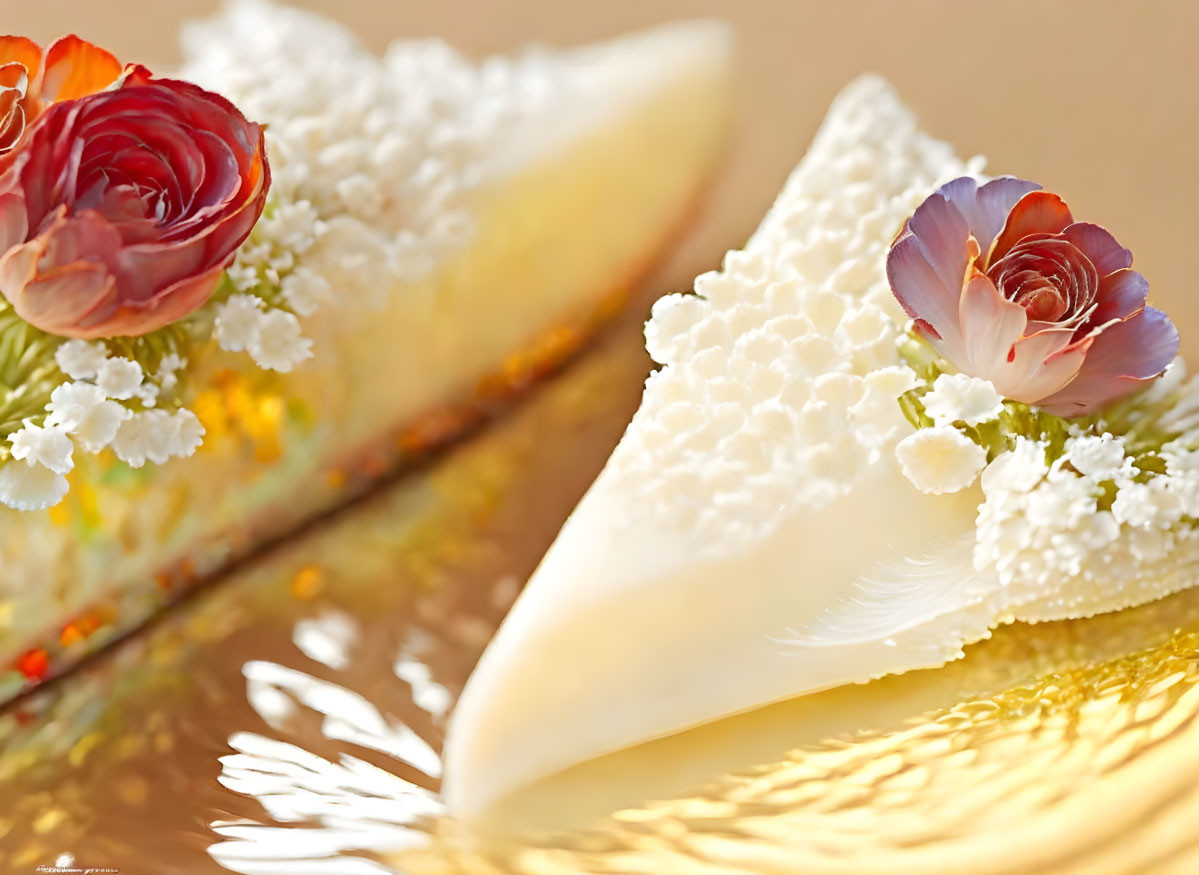 Decorative cake slices with white frosting, colorful petals, and roses on golden surface