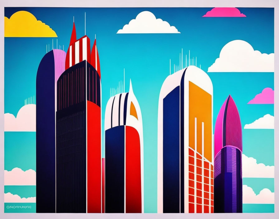 Vibrant cityscape with exaggerated skyscrapers in red, blue, and purple hues