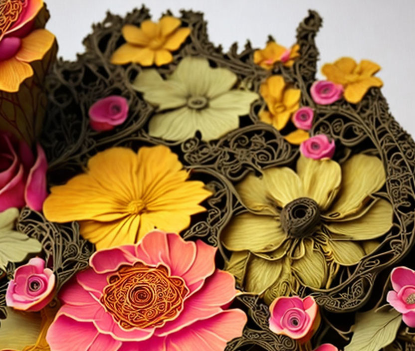 Intricately Crafted Paper Flowers in Yellow, Pink, and Cream Against Dark Filigree