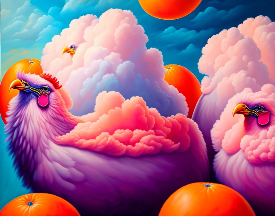 Pink and Orange Bird-Shaped Clouds with Citrus Fruit in Blue Sky