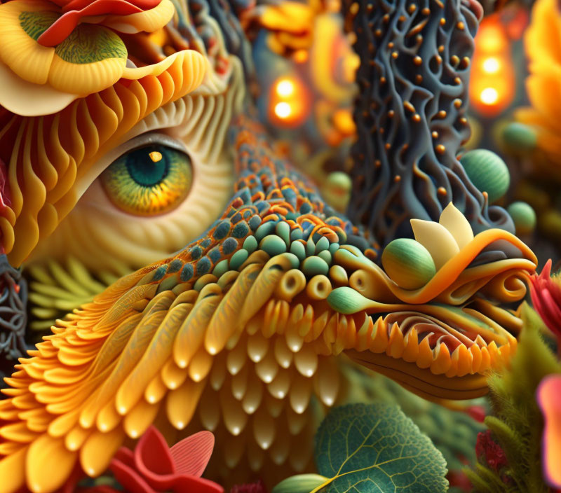 Colorful surreal creature with floral patterns and detailed eye