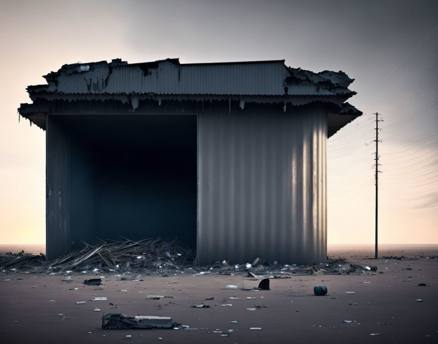 Abandoned warehouse with damaged roof and walls in barren landscape