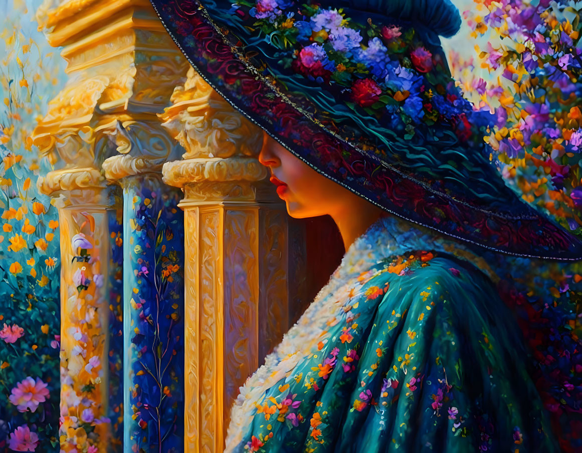 Colorful painting of woman in floral hat and blue shawl near golden pillar among vibrant flowers