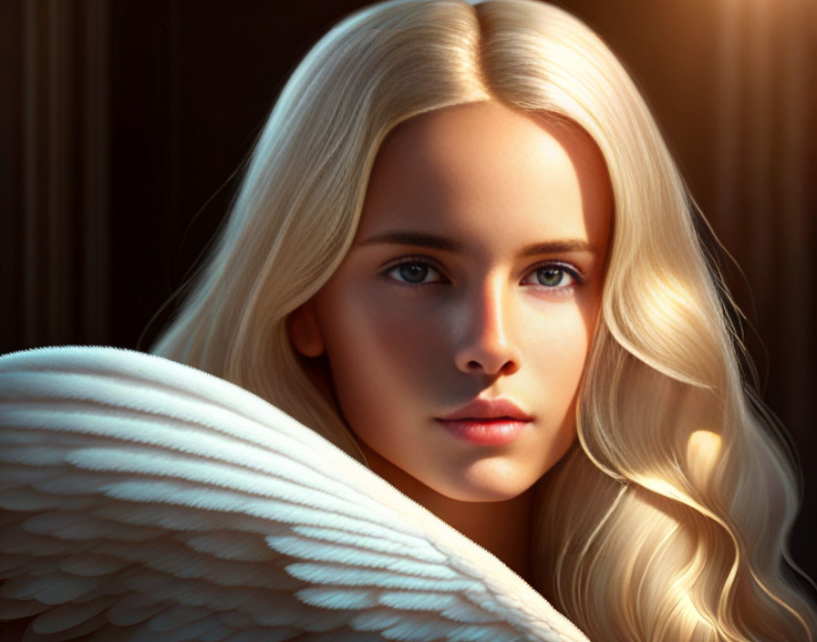 Blonde-haired woman with angel wings in digital portrait