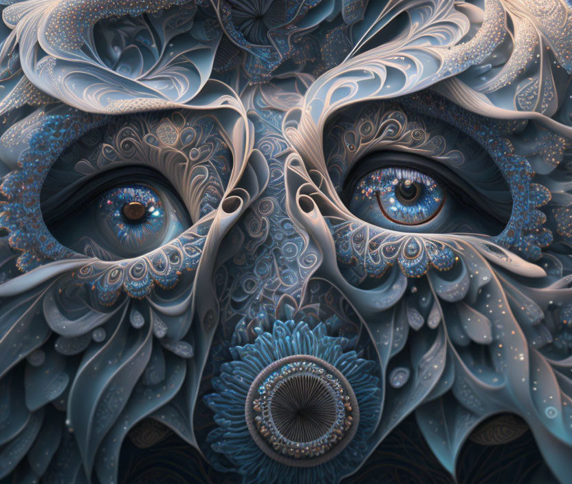 Detailed digital art: ornate feather and foliage patterns surrounding expressive human eyes.