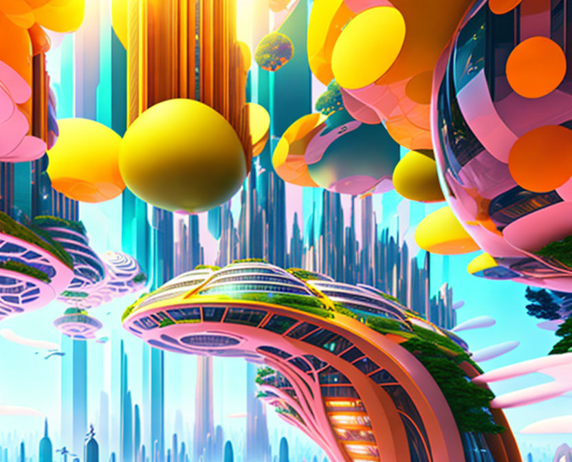 Colorful futuristic cityscape with spherical structures and skyscrapers.