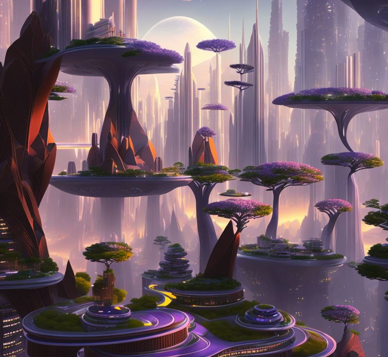 Futuristic cityscape with floating platforms and lush greenery.