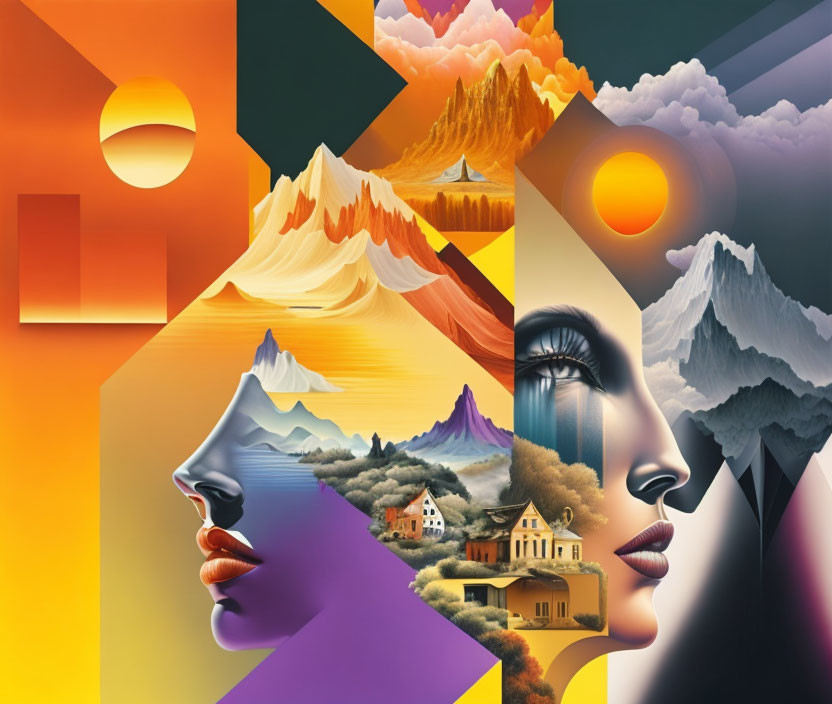 Collage of landscapes and profile faces blending in colorful scenery