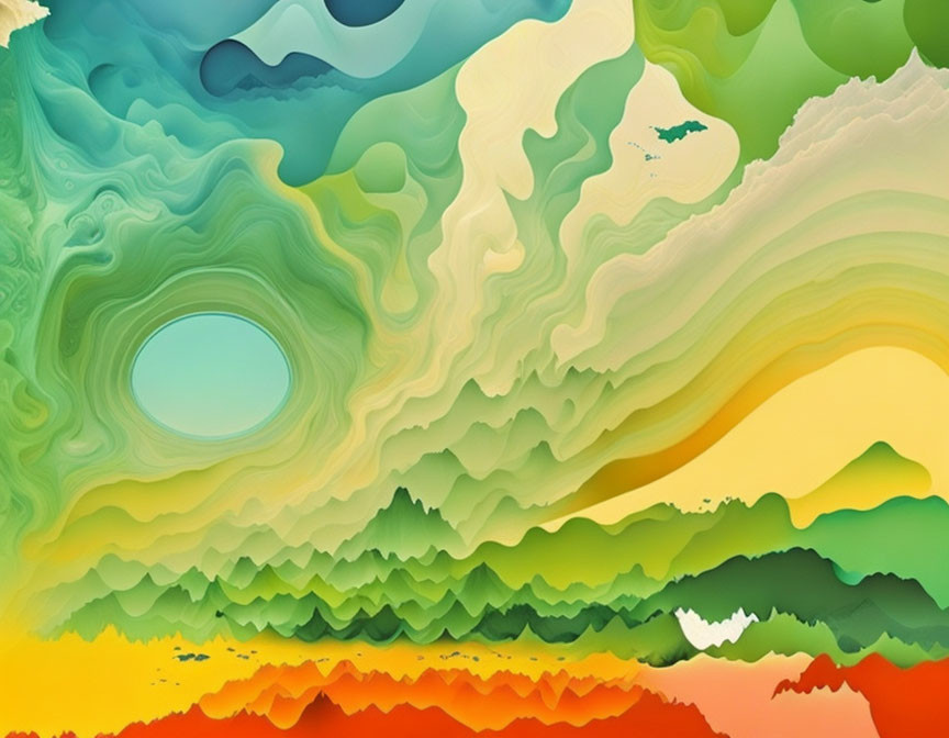 Vibrant abstract art with layered wavy patterns in green to orange spectrum