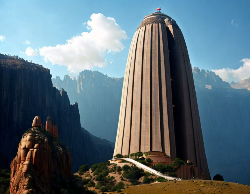 Tall cylindrical skyscraper amid rugged landscape