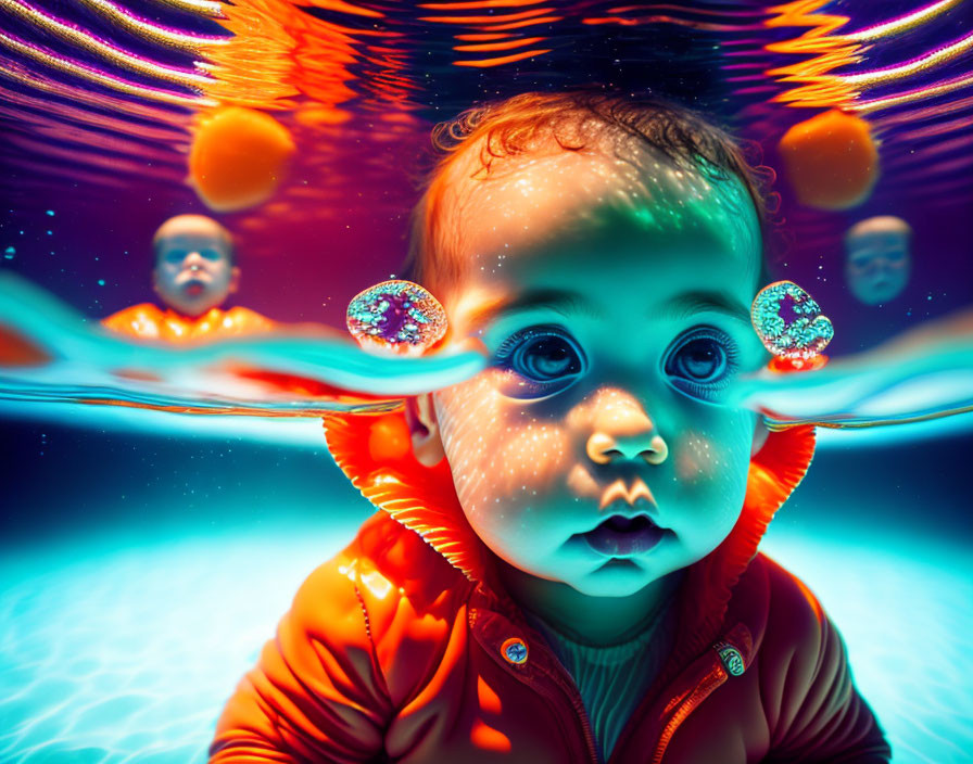 Baby submerged in colorful underwater scene with bubbles and reflections