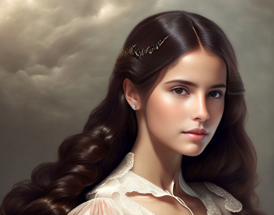 Digital portrait of woman with brown hair, gold tiara, and off-white dress against cloudy sky