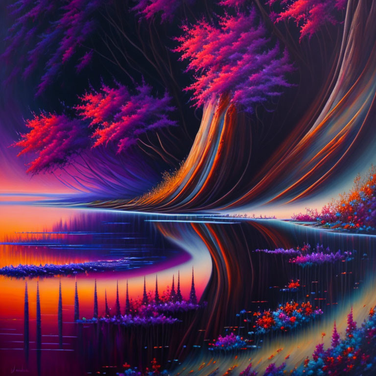 Mystical landscape with magenta trees and colorful flora