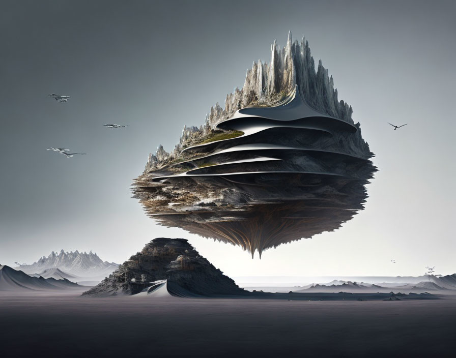 Floating Island with Jagged Peaks Over Desert Landscape and Hazy Sky