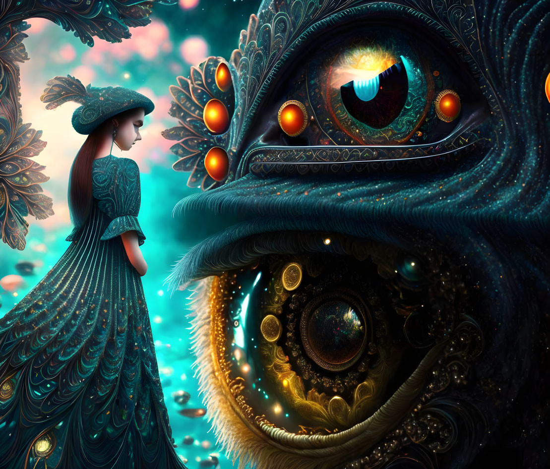 Teal dress woman with giant creature and orange eyes