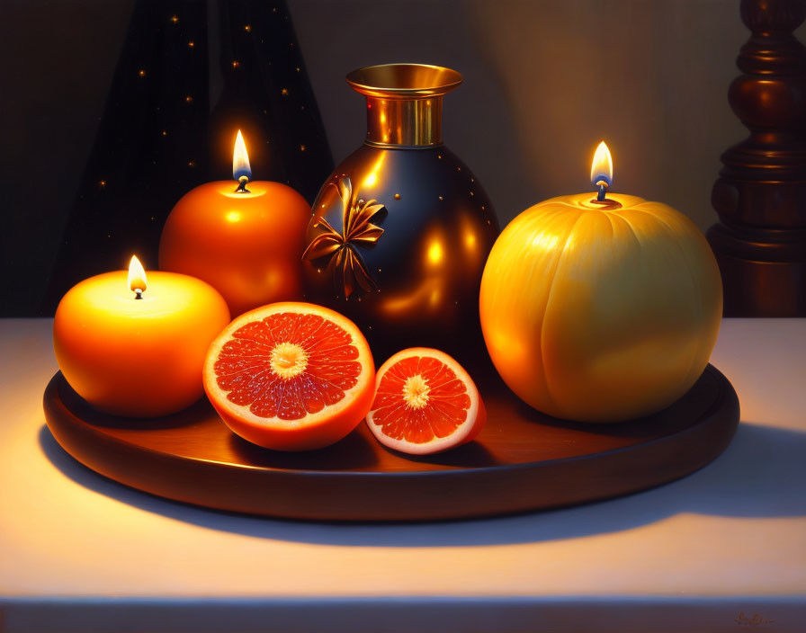 Still life image with candles, vase, pumpkin, citrus fruit on tray