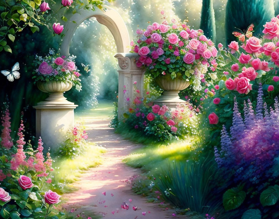 Blooming pink roses and lavender garden path with archway.