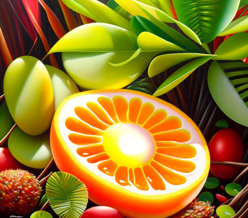 Detailed hyper-realistic illustration of ripe papaya cross-section amidst tropical foliage