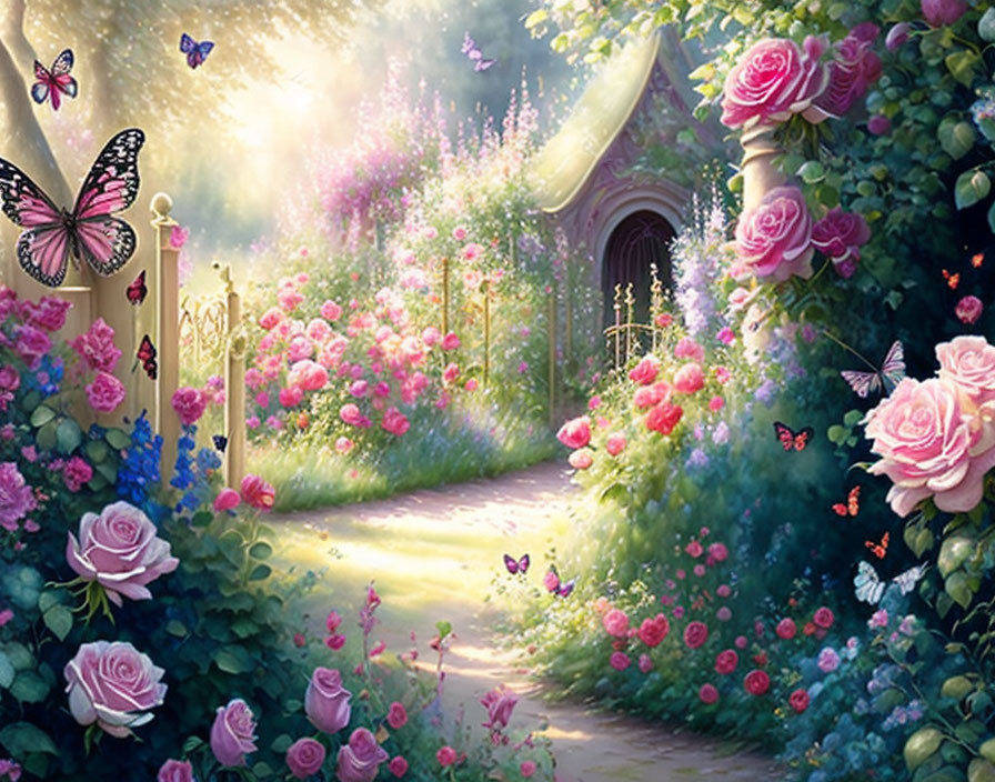 Floral Archway and Blossoming Roses in Enchanted Garden