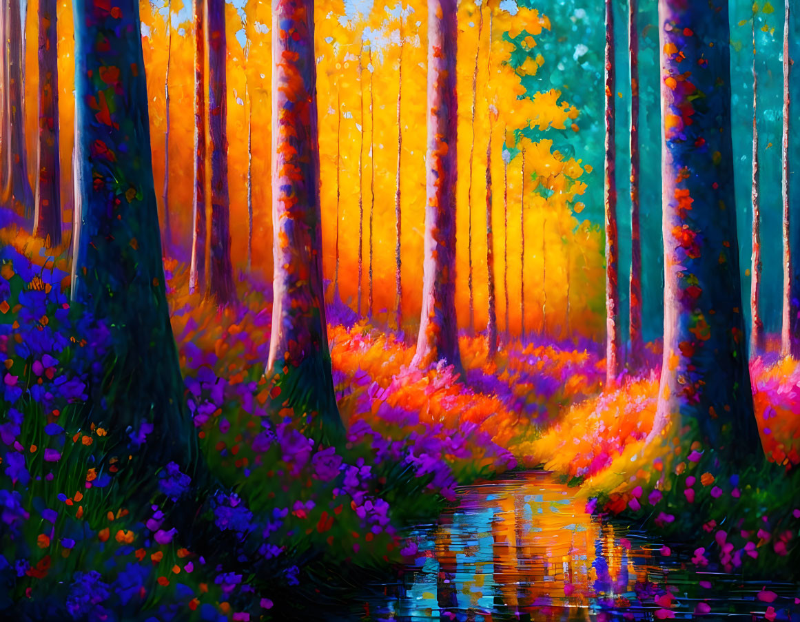 Colorful Autumn Forest Landscape with Stream and Purple Flowers