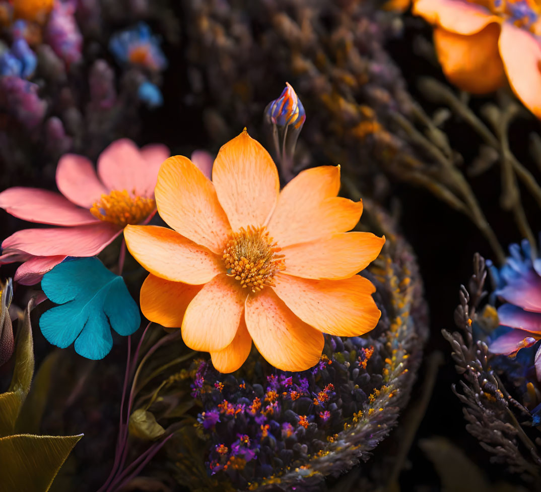 Colorful Orange Flower Surrounded by Plants and Flowers on Dark Background