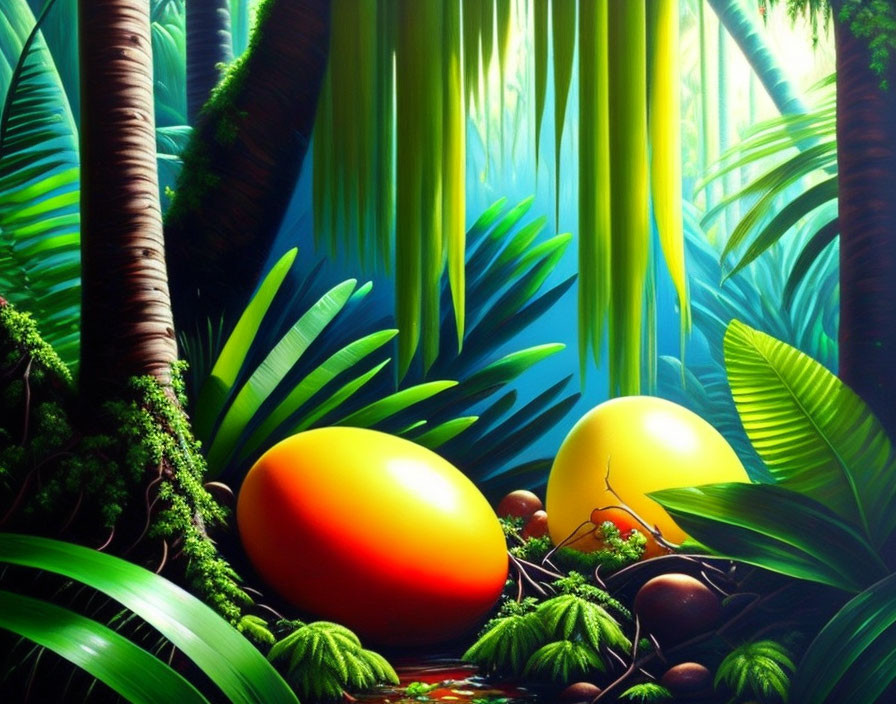 Colorful Jungle Scene with Large Eggs in Lush Greenery