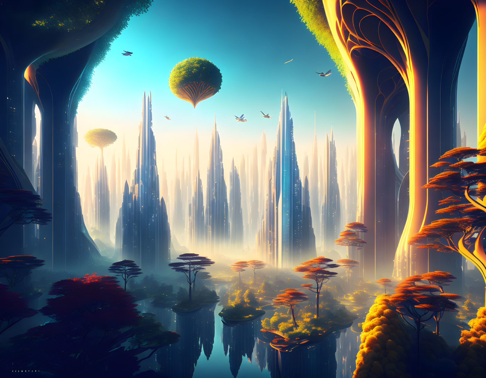 Fantastical landscape with spires, islands, trees, and birds