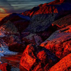 Intricate tribal mask in water surrounded by surreal red landscape