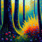 Sunlit Forest Painting with Vibrant Colors and Impressionistic Style