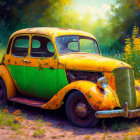 Vintage yellow and green car in rustic setting with wildflowers and greenery.