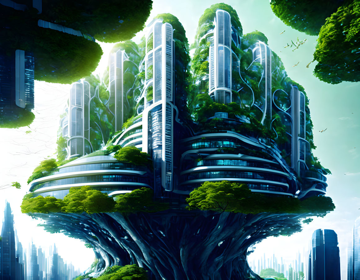 Cityscape: skyscrapers, greenery, colossal tree in ethereal landscape