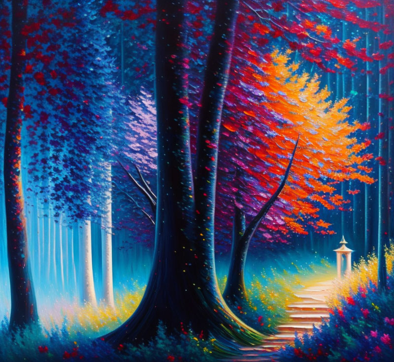 Colorful Forest Painting with Pathway and Lantern Post