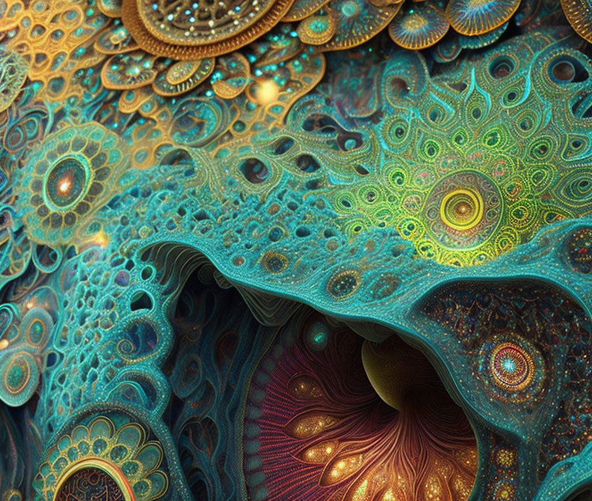 Intricate Teal, Bronze, and Blue Fractal Patterns