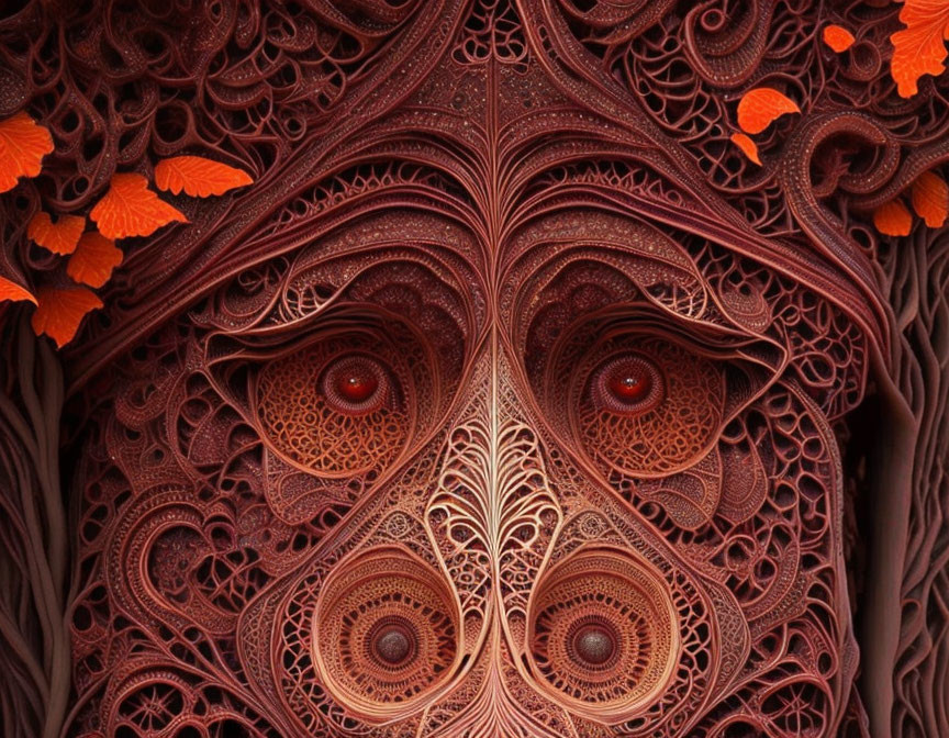 Detailed Reddish-Brown Owl Face Paper Art with Swirls and Patterns