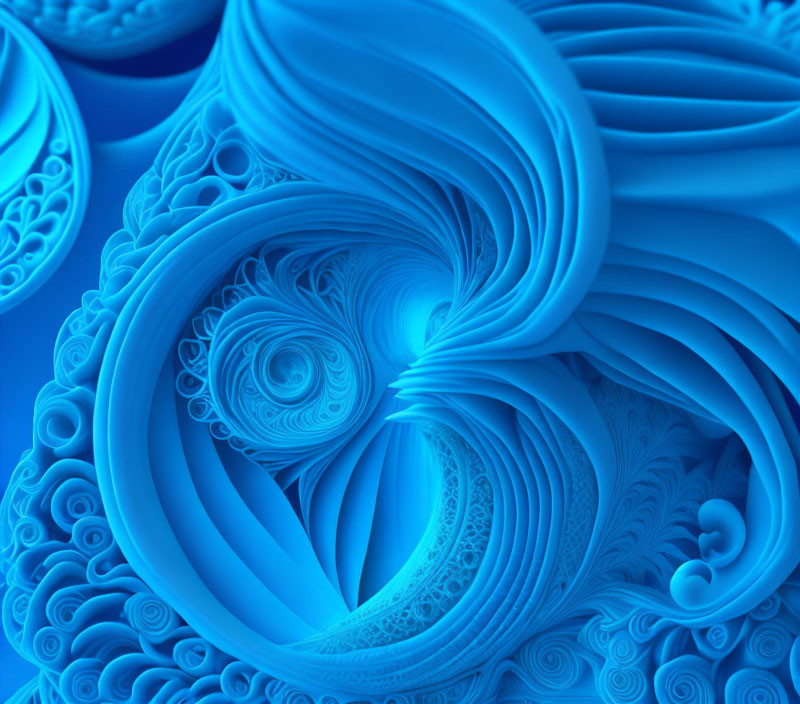 Detailed Blue Fractal Image with Swirling Patterns in Various Shades of Blue