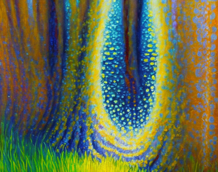 Impressionistic forest painting with tall trees and vibrant colors