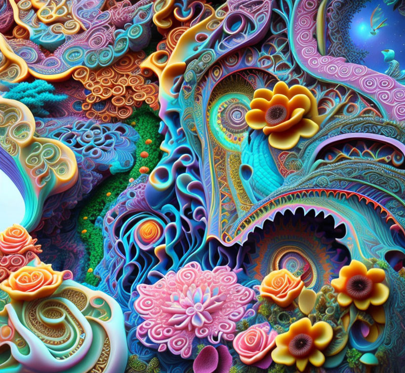 Colorful psychedelic digital art: intricate floral and fractal patterns in blues, pinks, and oranges