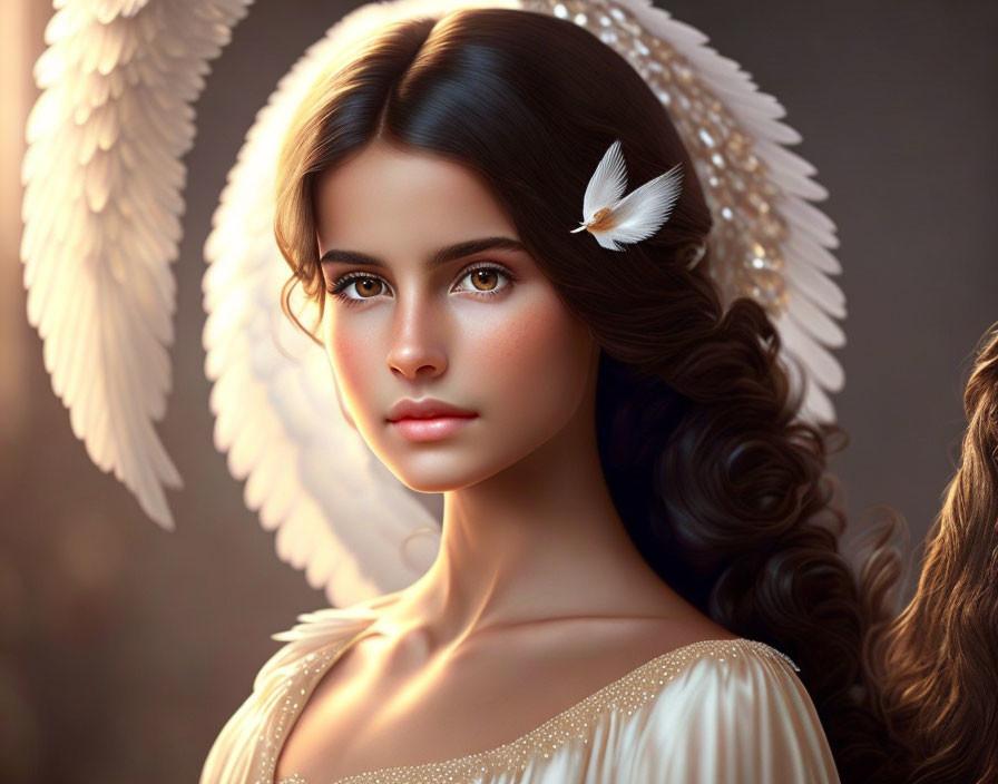 Digital artwork: Woman with angelic wings and bird, warm tones