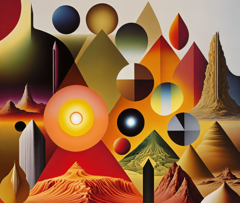 Surrealist painting with vibrant shapes, desert landscapes, flames, and geometric patterns