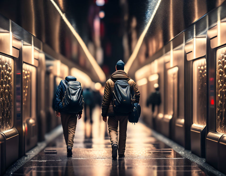 Two Backpackers Walking in Warmly Lit Corridor with Ornate Walls