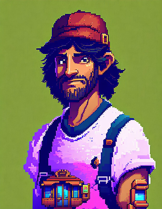 Detailed Pixel Art of Bearded Man in Cap with Cabin T-Shirt & Backpack