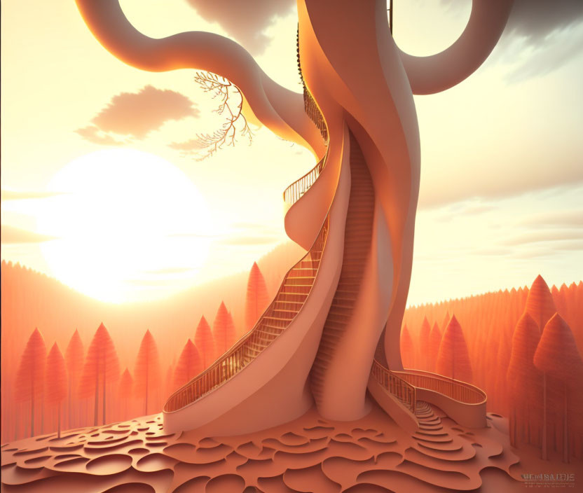 Surreal spiral staircase around giant tree at sunset