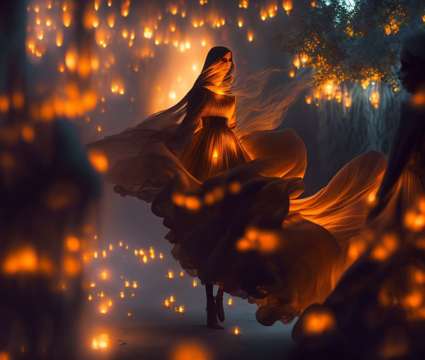 Mystical figure dances in orange fabric among glowing lights