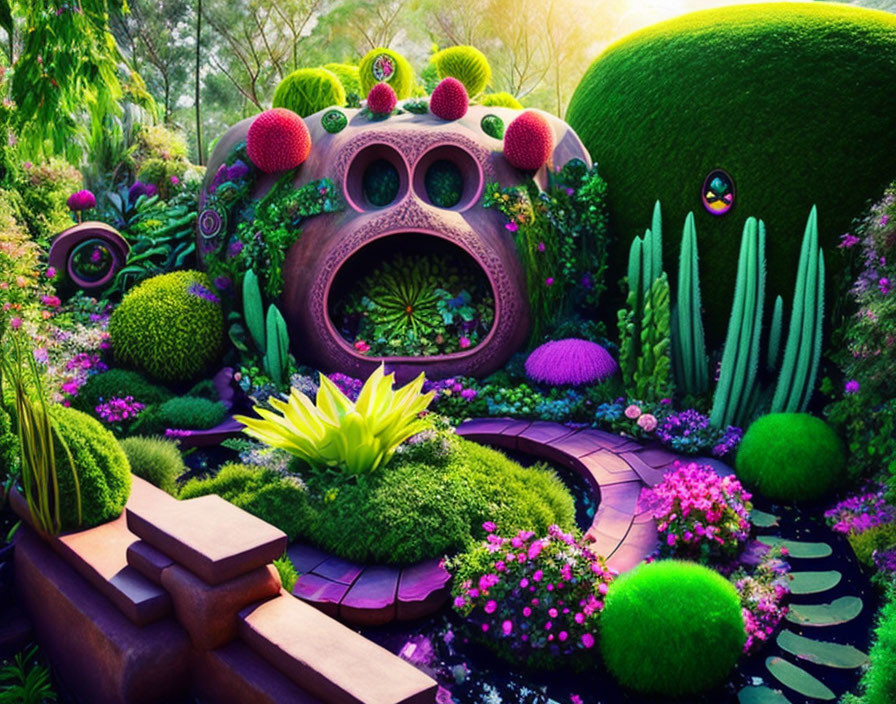 Colorful Flower Garden with Mossy Creature Hedge & Stone Path