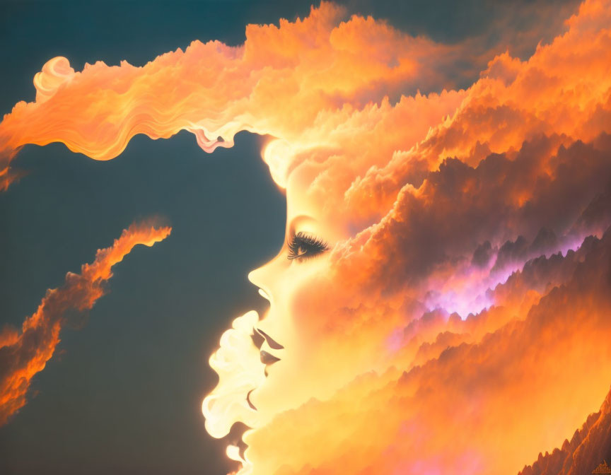 Surreal silhouette profile of a woman against vibrant orange clouds