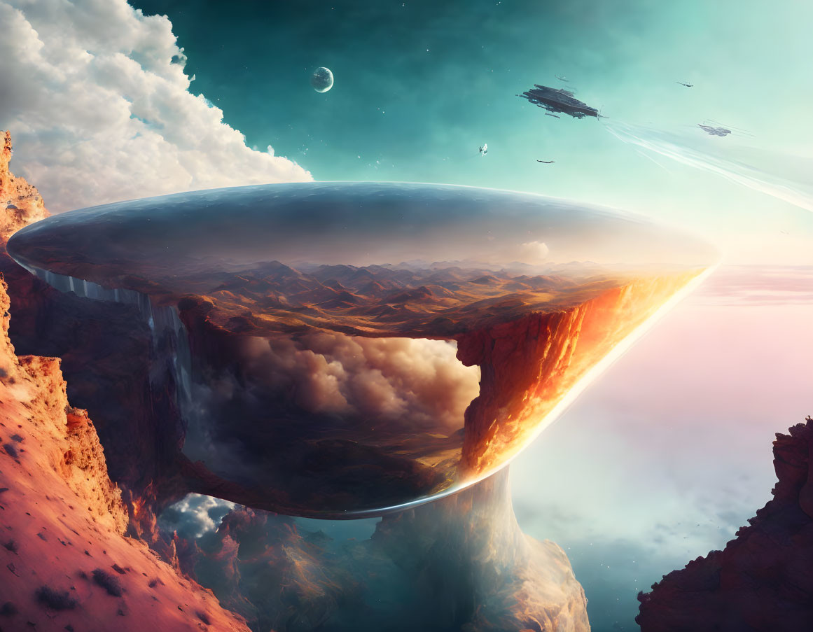 Surreal inverted mountain landscape in glass dome with spaceships and celestial glow