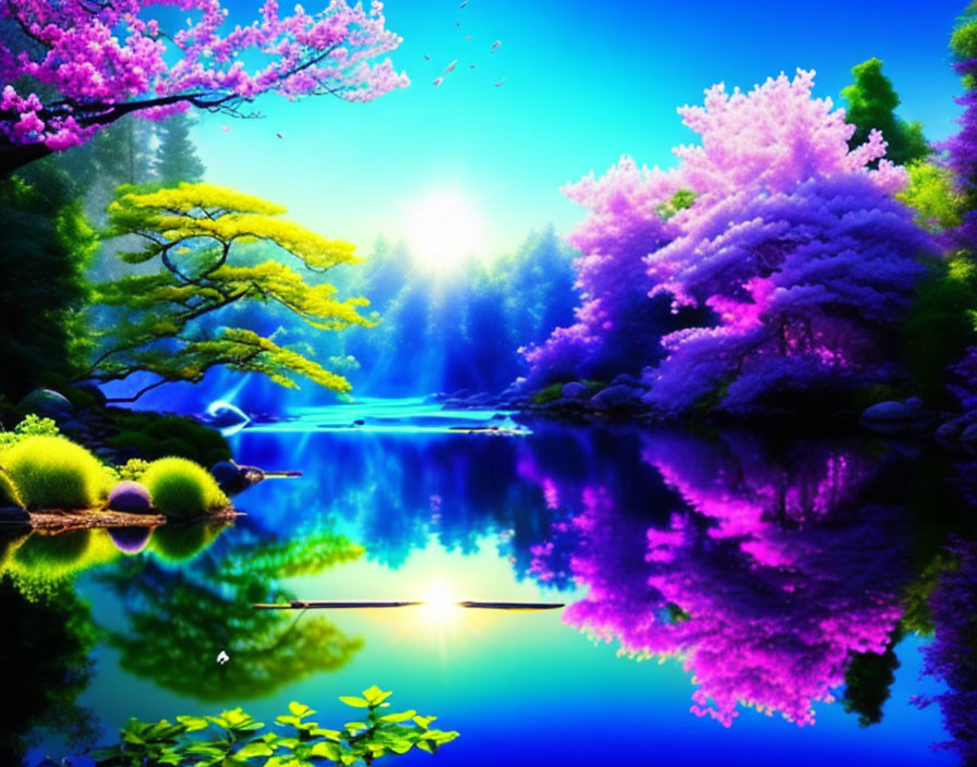 Colorful Forest Scene with Purple and Pink Foliage and Sunbeam